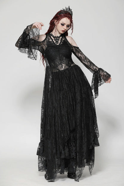 Black Off Shoulder Long Sleeves Women's Gothic Irregular Lace Dress Wedding Dress