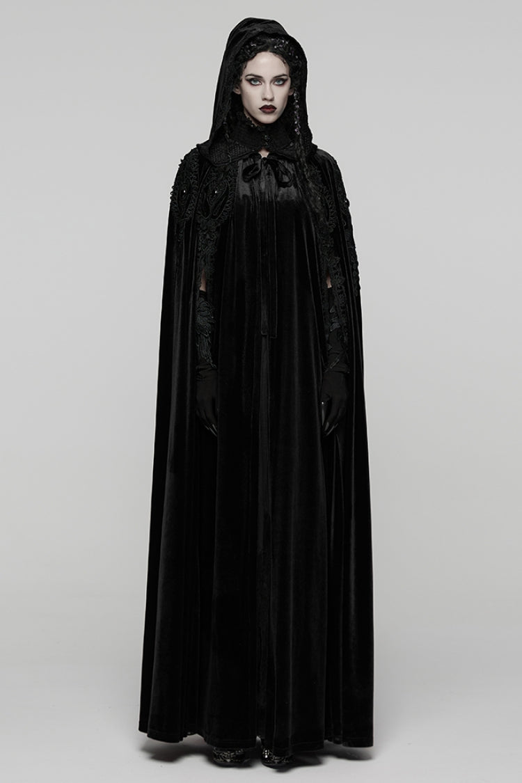 Black Floral Embroidery Diamante Velvet Hooded Women's Gothic Cloak