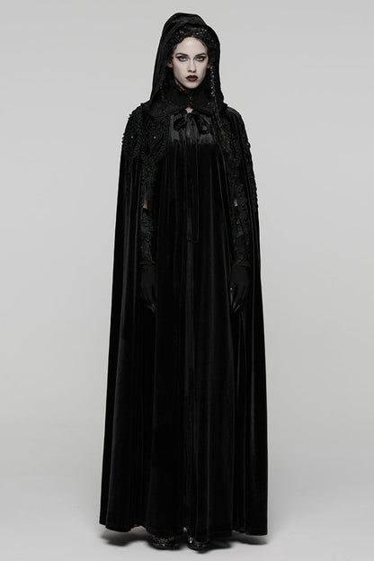 Black Floral Embroidery Diamante Velvet Hooded Women's Gothic Cloak