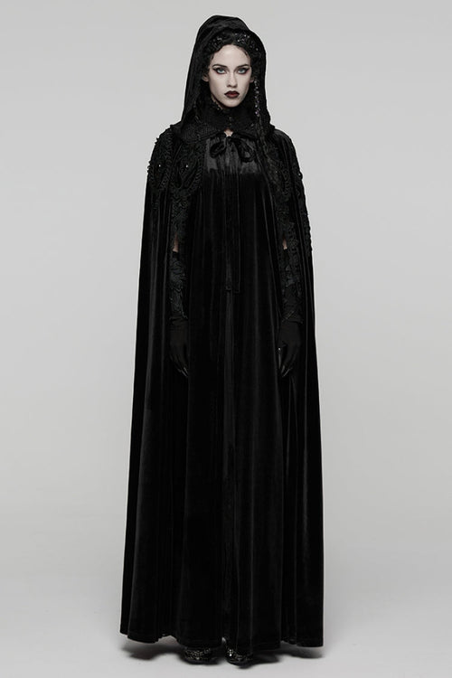 Black Floral Embroidery Diamante Velvet Hooded Women's Gothic Cloak