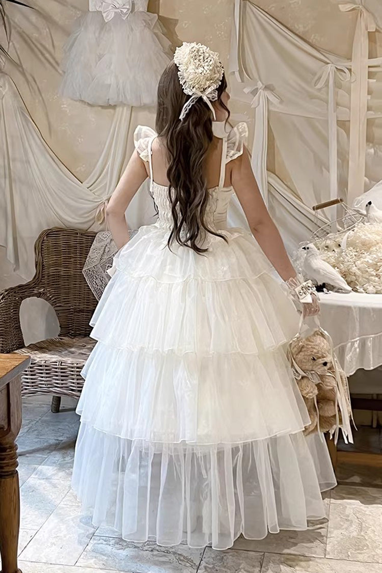 Beige [Mousse Serenade] Triple-Layered Ruffled Hanayome Bow Lace Sweet Princess Lolita Strapless Dress