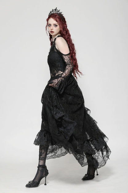 Black Off Shoulder Long Sleeves Women's Gothic Irregular Lace Dress Wedding Dress