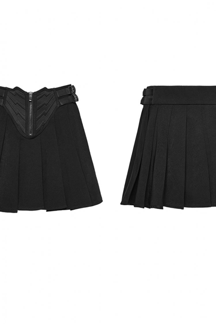 Black Buckled Zippered Pleated Women's Punk Skirt