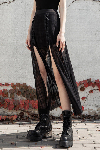 Black Front Metal Eyelets Lace-Up Slit Mesh Hem Women's Punk Skirt