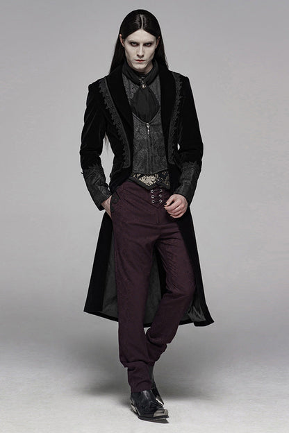 Black Long Sleeves Jacquard Lace-Up Slim Men's Gothic Long Coat