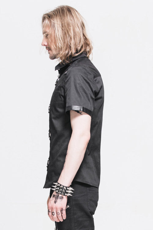 Black Locomotive Lapel Collar Short Sleeves Cotton Mens Punk Blouse