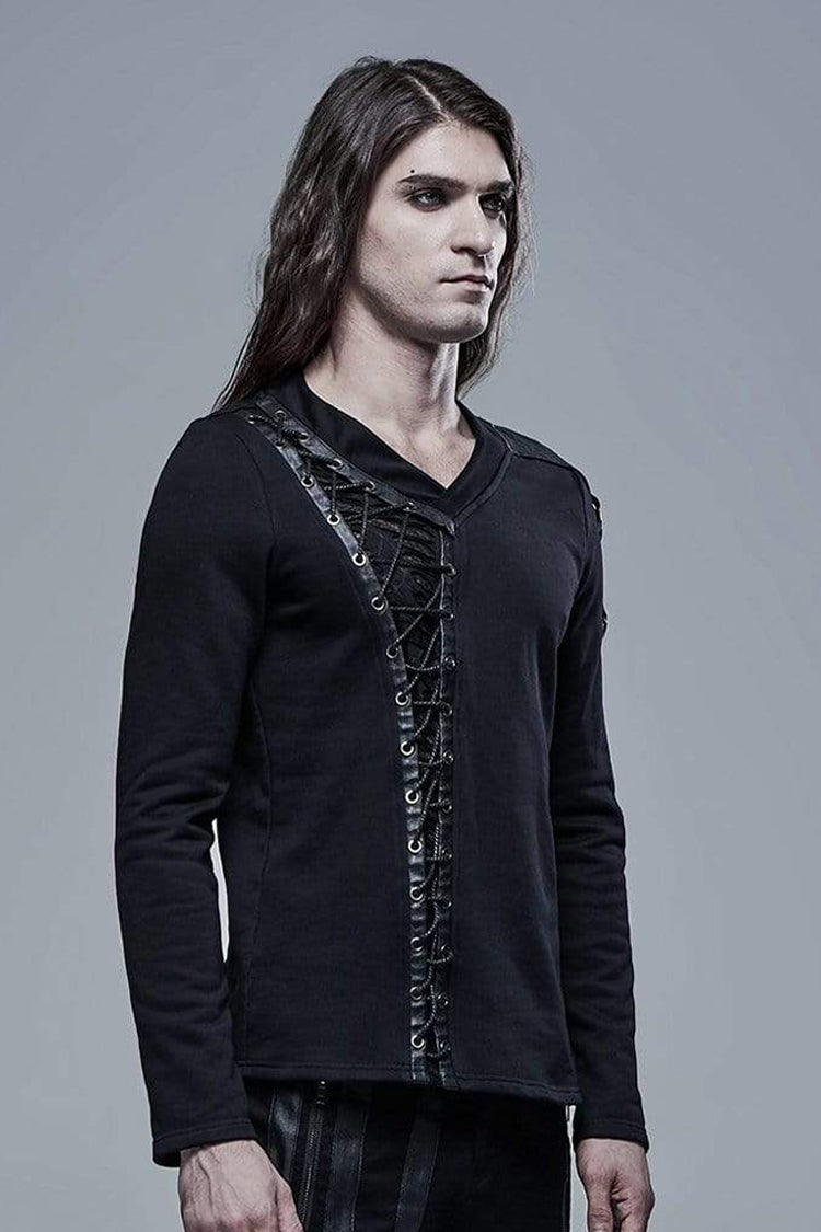 Black Long Sleeve Knit Front Splice Imitation Leather Lace Up Men's Punk T-Shirt