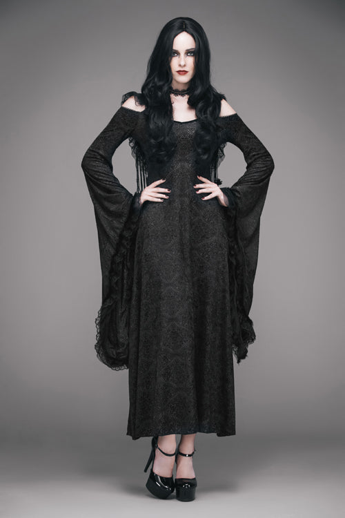 Black Gothic Big Cuffs Stretchy Floral Off The Shoulder Hooded Long Womens Dress