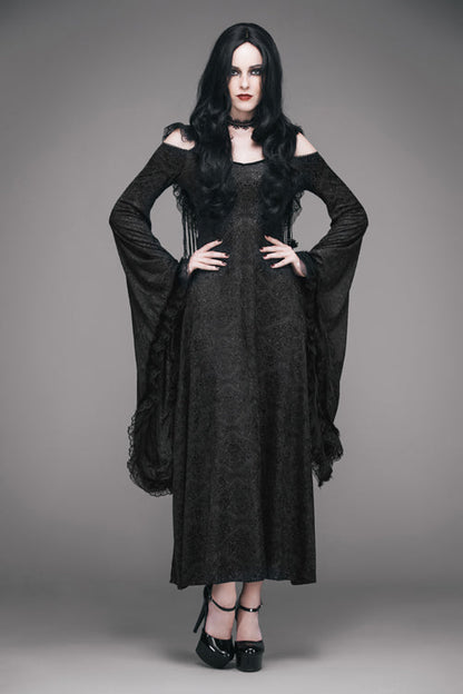 Black Gothic Big Cuffs Stretchy Floral Off The Shoulder Hooded Long Womens Dress