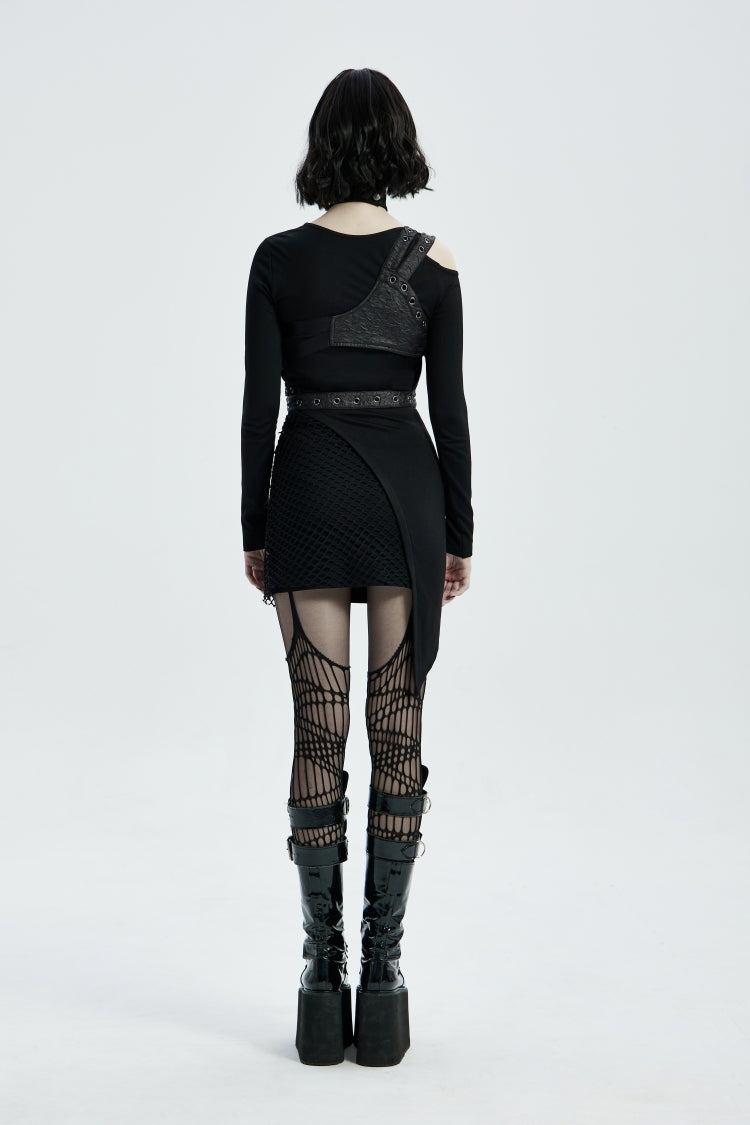 Black Cut-Out Asymmetric Buckled Eyelet Women's Punk Accessory with Pocket