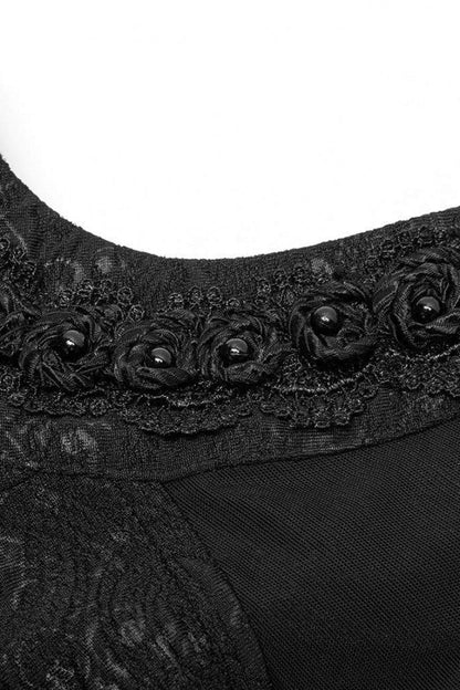 Black Long Trumpet Sleeves Print Hollow Stitching Lace-Up Womens Gothic Blouse