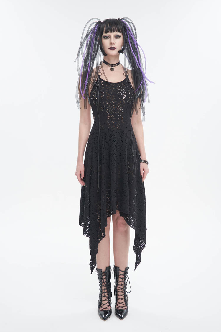 Black Irregular Pattern Wool Metal Chain Halter Neck Backless Women's Punk Dress