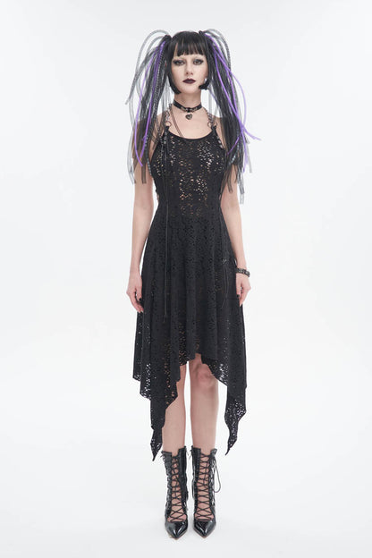 Black Irregular Pattern Wool Metal Chain Halter Neck Backless Women's Punk Dress