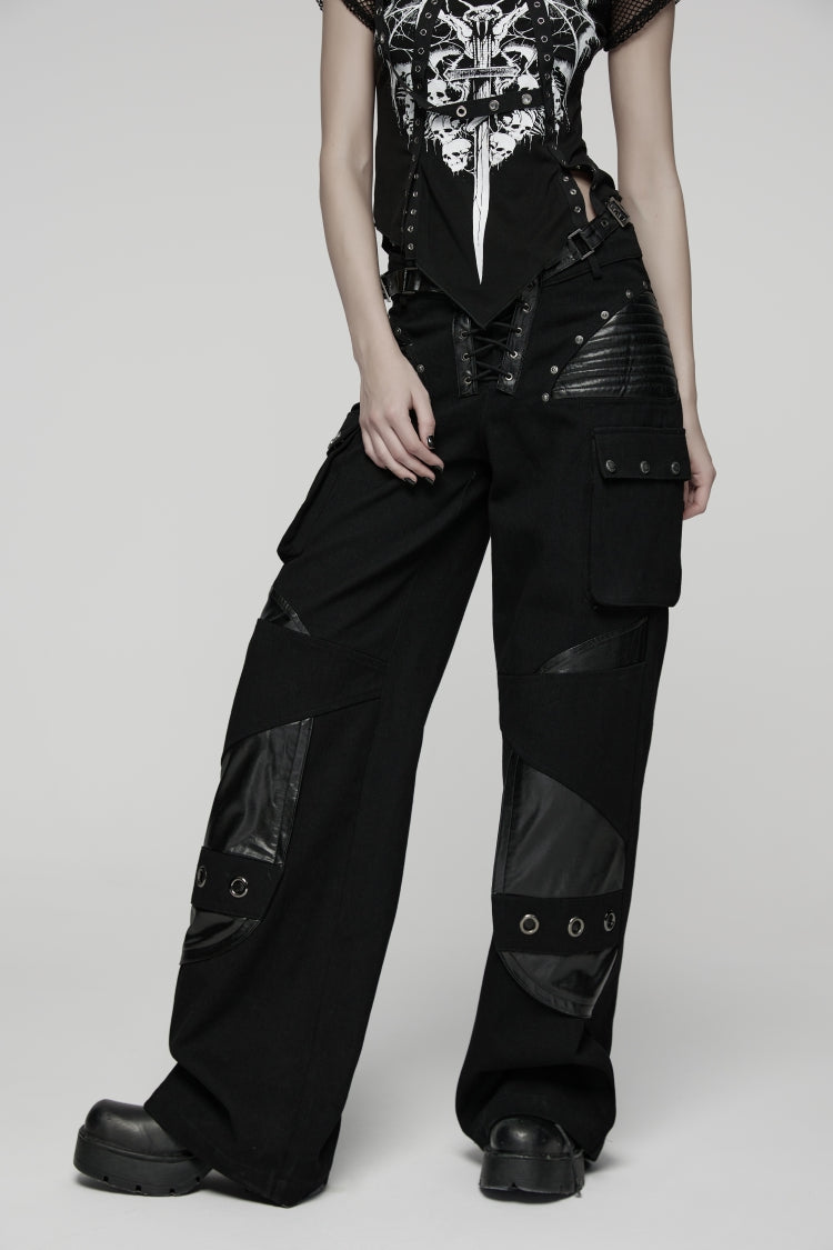 Black Lace Lace-Up Buckled Women's Big Pocket Punk Pants
