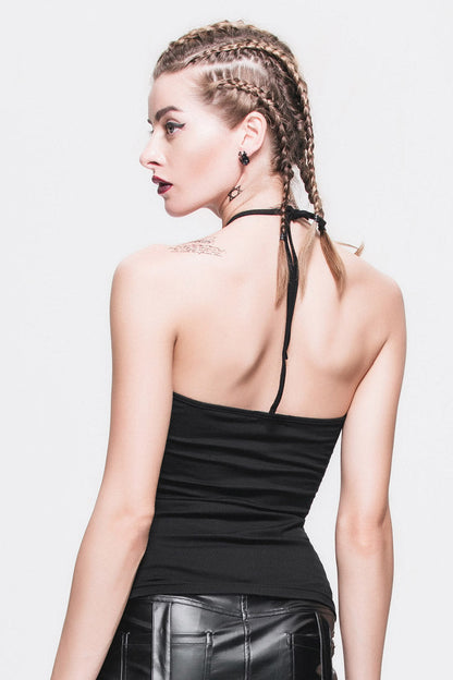 Black Front Chest Spider Web Flocking Printing Mesh Tight Halter Women's Punk Vest
