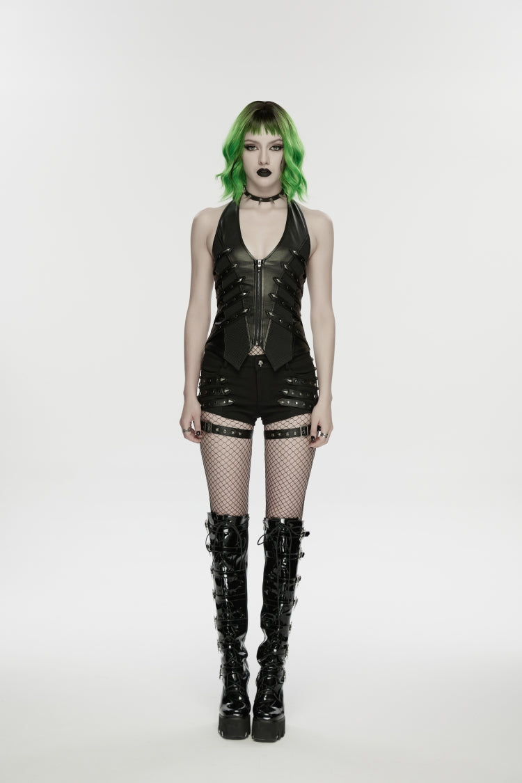 Black Halterneck Slim Studded Zippered Women's Punk Vest