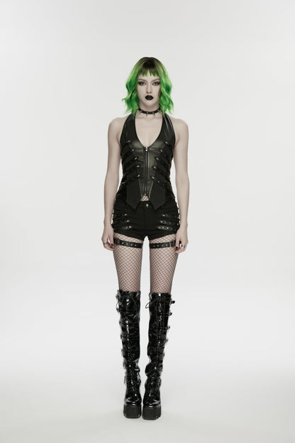 Black Halterneck Slim Studded Zippered Women's Punk Vest