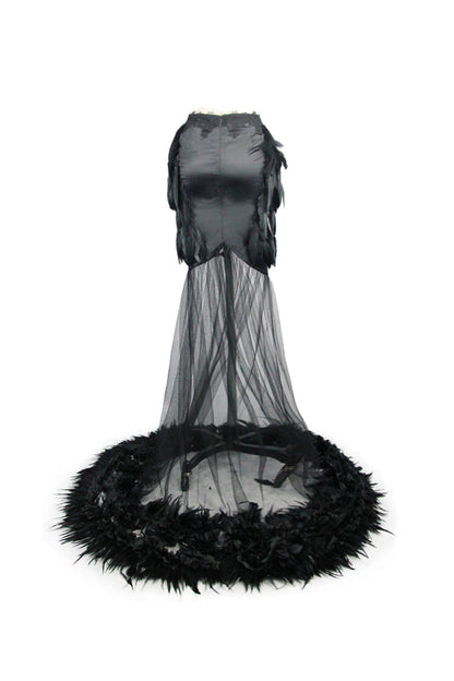 Black Mesh Fishtail Flower Feather Hem Long Satin Women's Gothic Skirt