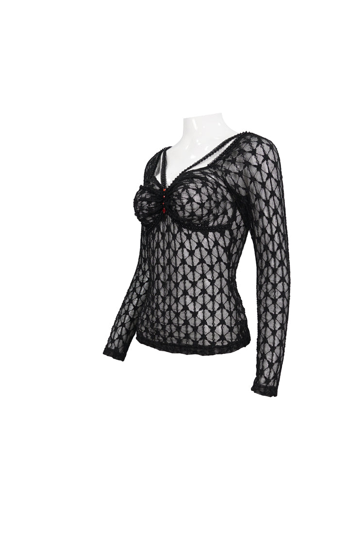 Black Lace Mesh Front Red Diamond Long Sleeve Transparent Women's Punk T-Shirt