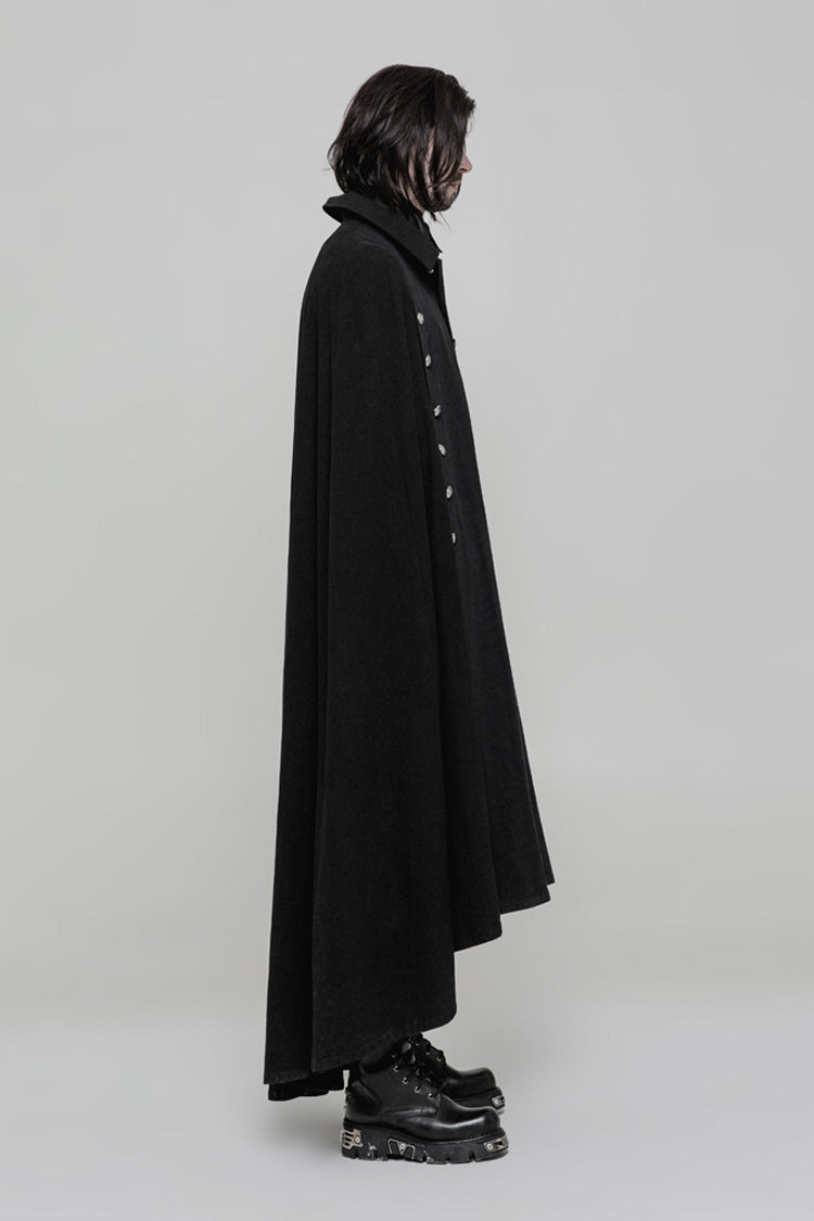 Black Long Sleeve Front Metal Button Slit Irregular Hem Weave Woven Men's Gothic Cloak