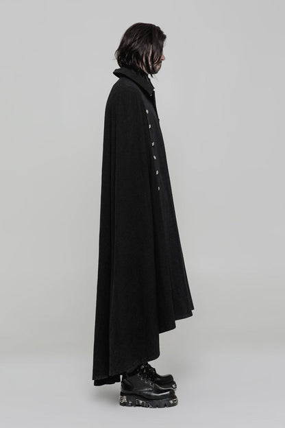 Black Long Sleeve Front Metal Button Slit Irregular Hem Weave Woven Men's Gothic Cloak