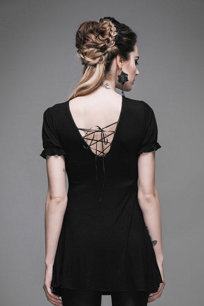 Black Patterned Lace Neck Short Sleeves Womens Mid-Length Gothic T-Shirt