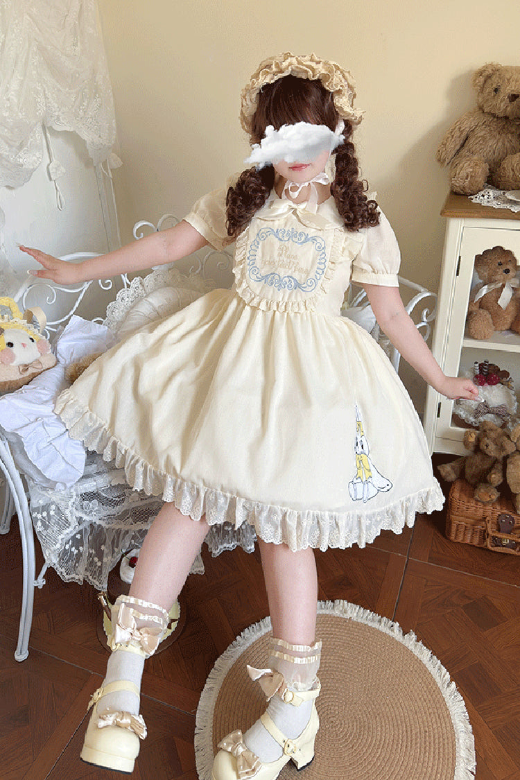 Apricot [Sweet Dream Bunny] Doll Collar Short Sleeves Ruffle Embroidery Bowknot Sweet Plus Size Lolita Dress