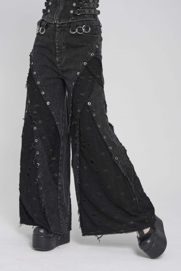Black Cut-Out Spliced Mesh Eyelet Women's Punk Layered Ripped Pants