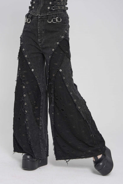 Black Cut-Out Spliced Mesh Eyelet Women's Punk Layered Ripped Pants