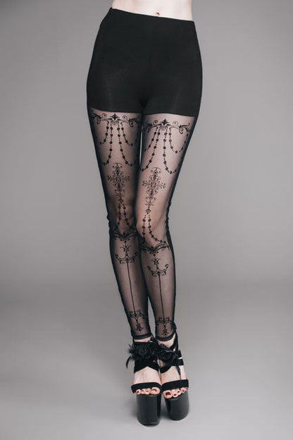 Black Elastic Waistband Flocking Printed Transparent Stretchy Mesh Sexy Leggings Womens Pants