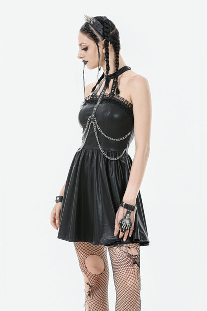 Black Halterneck Zippered Chain-Decorated Eyelet Women's Punk Faux Leather Dress
