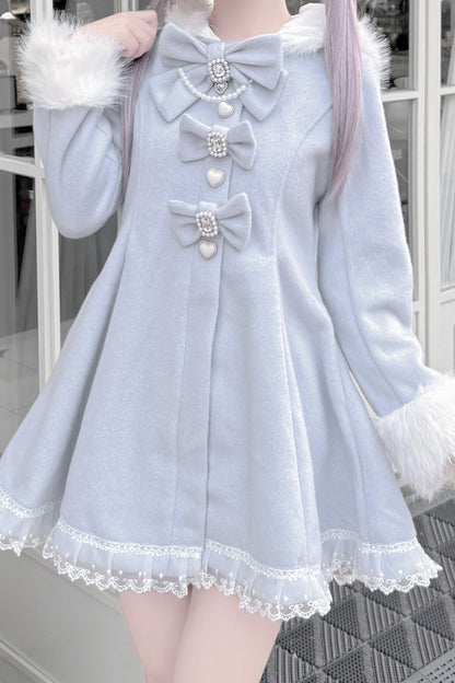Aqua Long Sleeves Bowknot Rabbit Ears Detachable Hooded Japanese Jirai Kei Coat