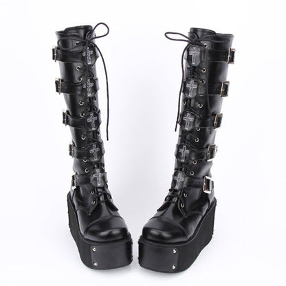 Black Cross Adornment High Platform Lolita Boots
