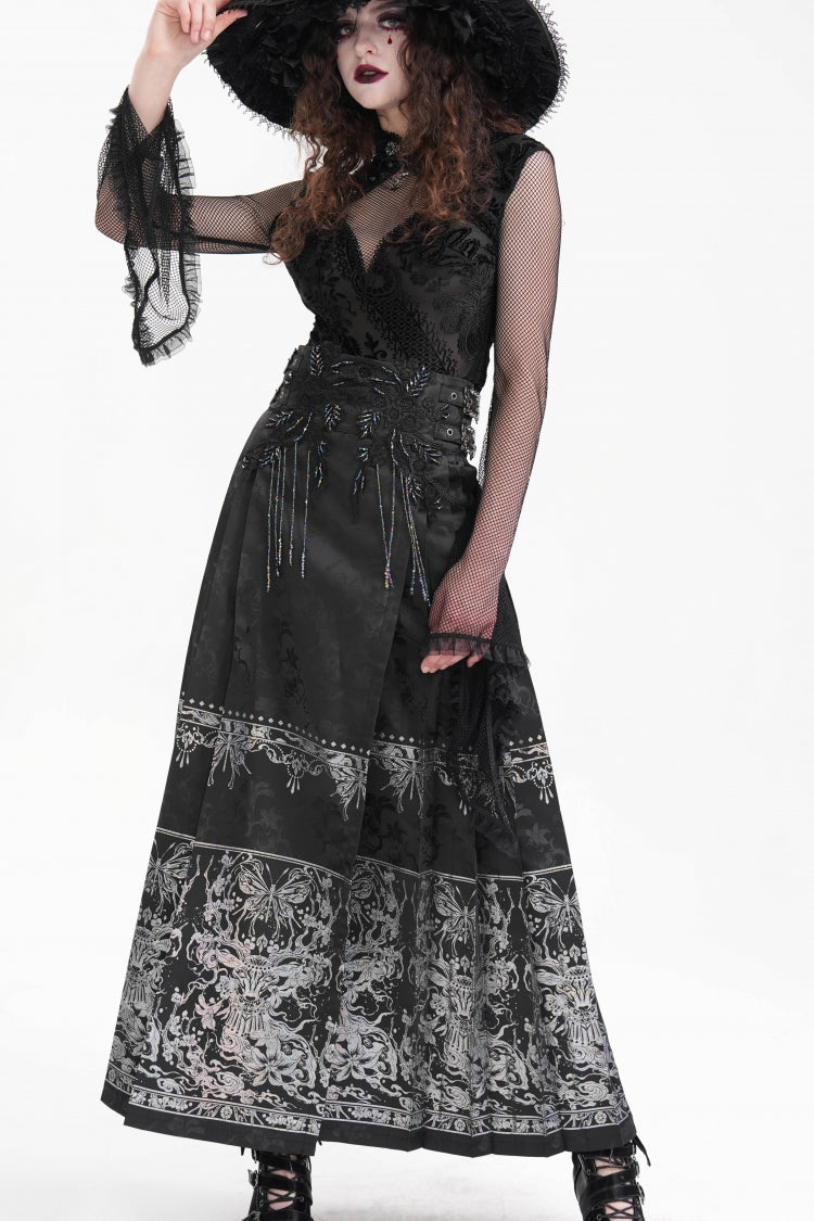 Black Print Embroidery Women's Gothic Crochet Tassels Bucket-up Long Skirt