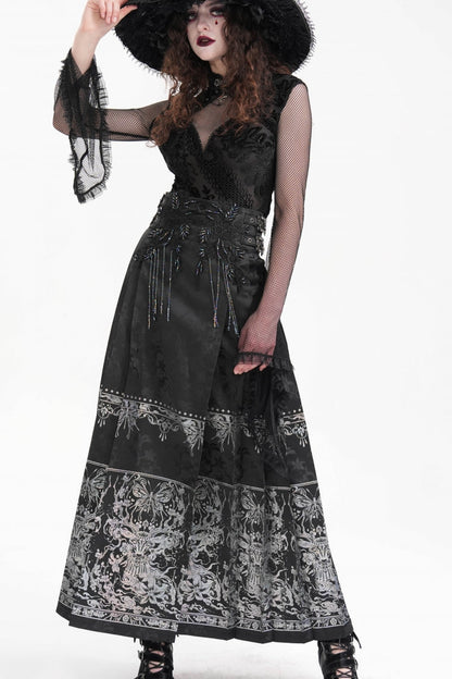 Black Print Embroidery Women's Gothic Crochet Tassels Bucket-up Long Skirt