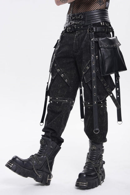 Black Lace-Up Studded Buckled Zippered Eyelet Men's Punk Cool Accessory with Pouches