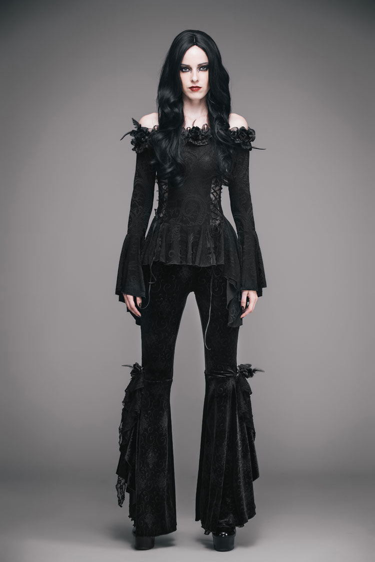 Black Knit One-Word Shoulder Rose Decoration Collar Waist Side Splice Lace Up Flare Sleeve Women's Gothic Shirt