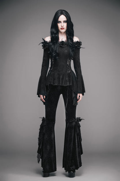 Black Knit One-Word Shoulder Rose Decoration Collar Waist Side Splice Lace Up Flare Sleeve Women's Gothic Shirt