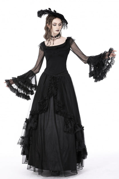 Black Multi-Layered Ruffled Lace Long Trumpet Sleeves Women's Gothic Princess Sexy Top