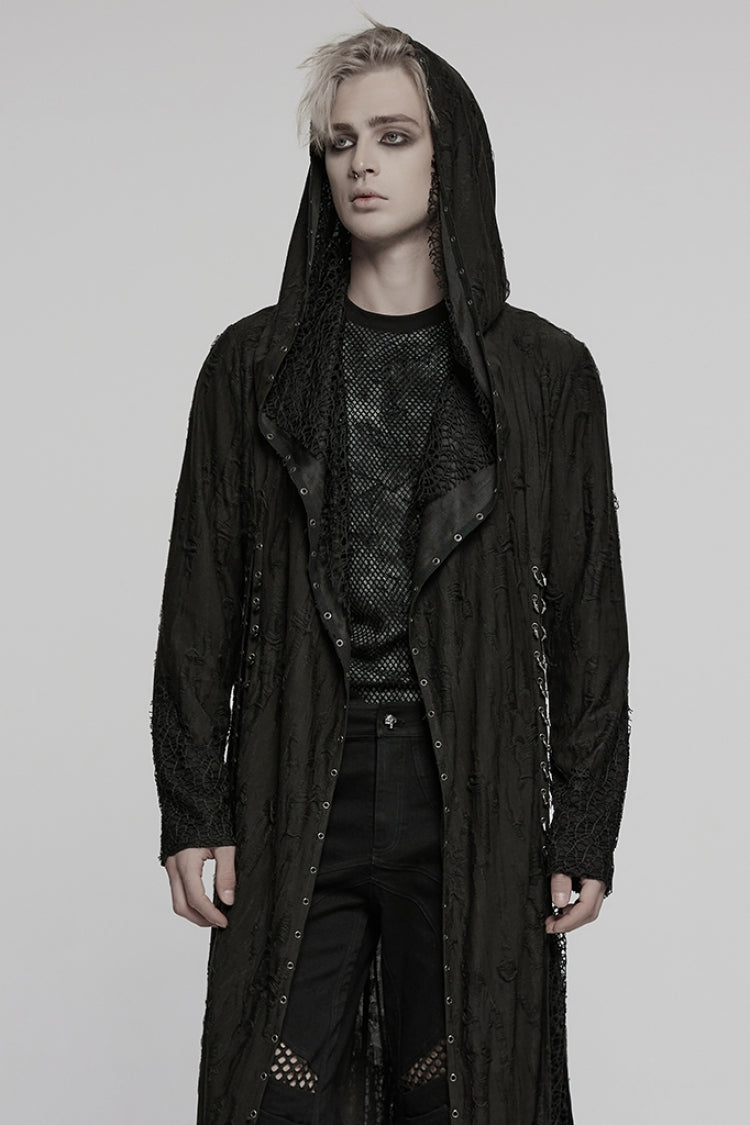 Black Long Sleeves Stitching Irregular Hooded Mesh Ripped Men's Gothic Coat