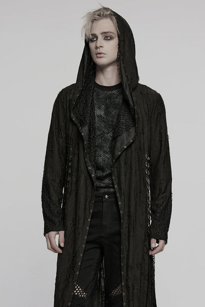 Black Long Sleeves Stitching Irregular Hooded Mesh Ripped Men's Gothic Coat