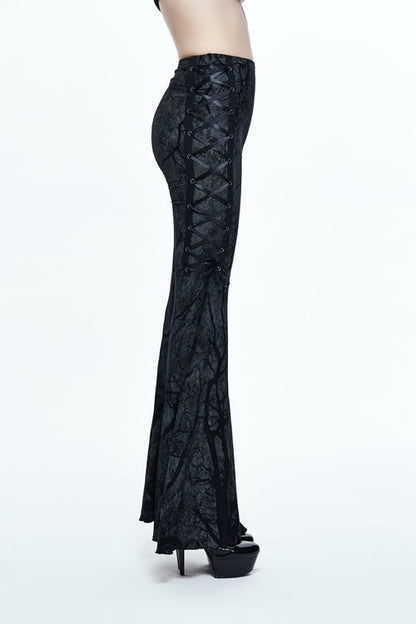 Black Mysterious Forest Gothic Branch Printing Bellbottom Womens Pants
