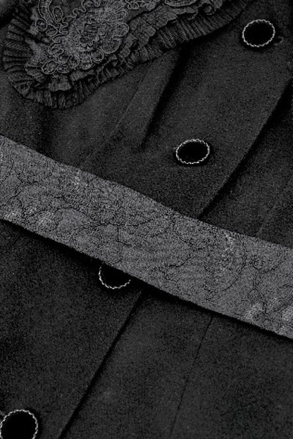 Black Floral Embroidered Peter Pan Collar Long Sleeves Bowknot Women's Gothic Coat