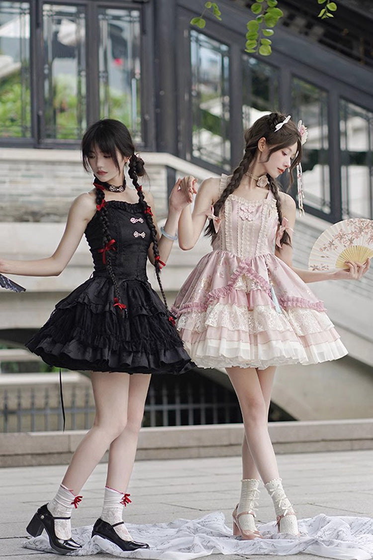 Black Bamboo Leaves Print Ruffle Lace Gothic Chinese Style Lolita Skirt