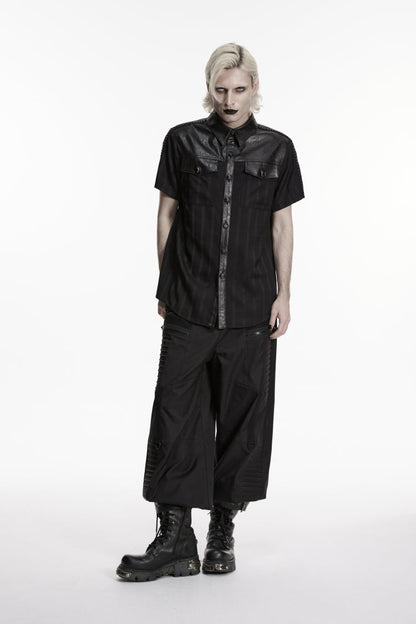 Black Lapel Collar Short Sleeves Spliced Men's Punk Shirt