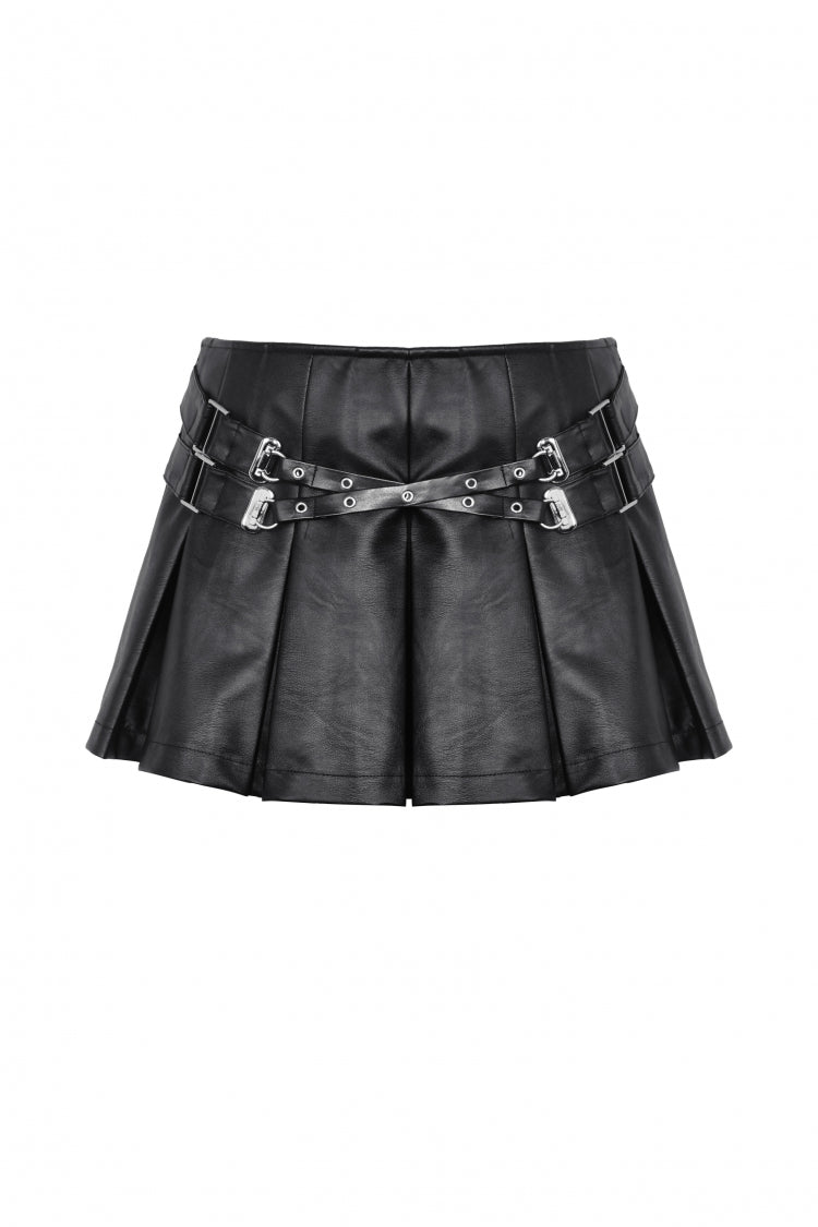 Black Low Waisted Buckle-Up Women's Punk PU Leather Pleated Mini Skirt