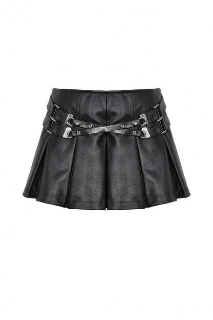 Black Low Waisted Buckle-Up Women's Punk PU Leather Pleated Mini Skirt