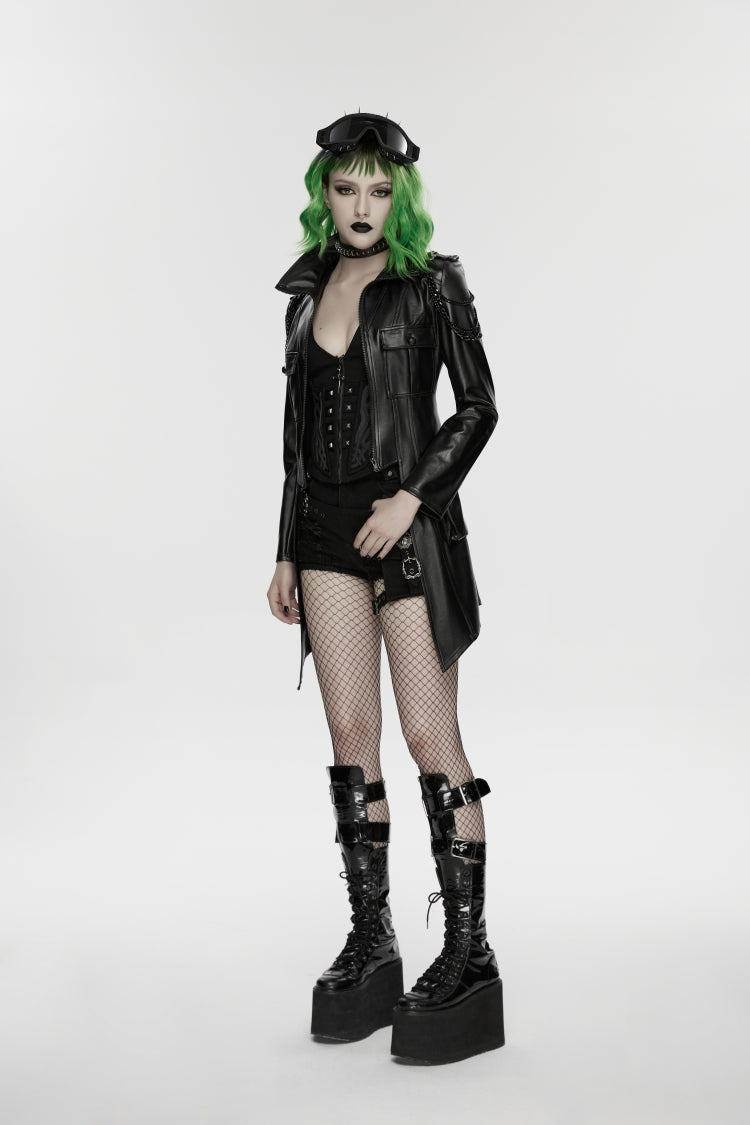 Black Lapel Collar Long Sleeves Lace-Up Slim Zippered Chain-Decorated Women's Punk Jacket