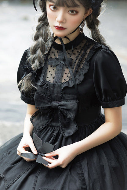 Black Elegant Round Collar Bowknot Short Sleeves High Waisted Gothic Lolita OP Dress