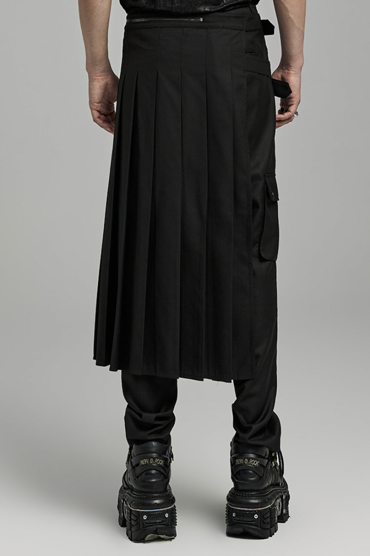 Black Asymmetric Buckle Men's Punk Pleated Skirt